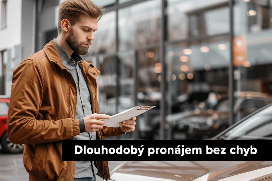 Klient kontroluje podmínky dlouhodobého pronájmu auta Klient kontroluje podmínky dlouhodobého pronájmu auta